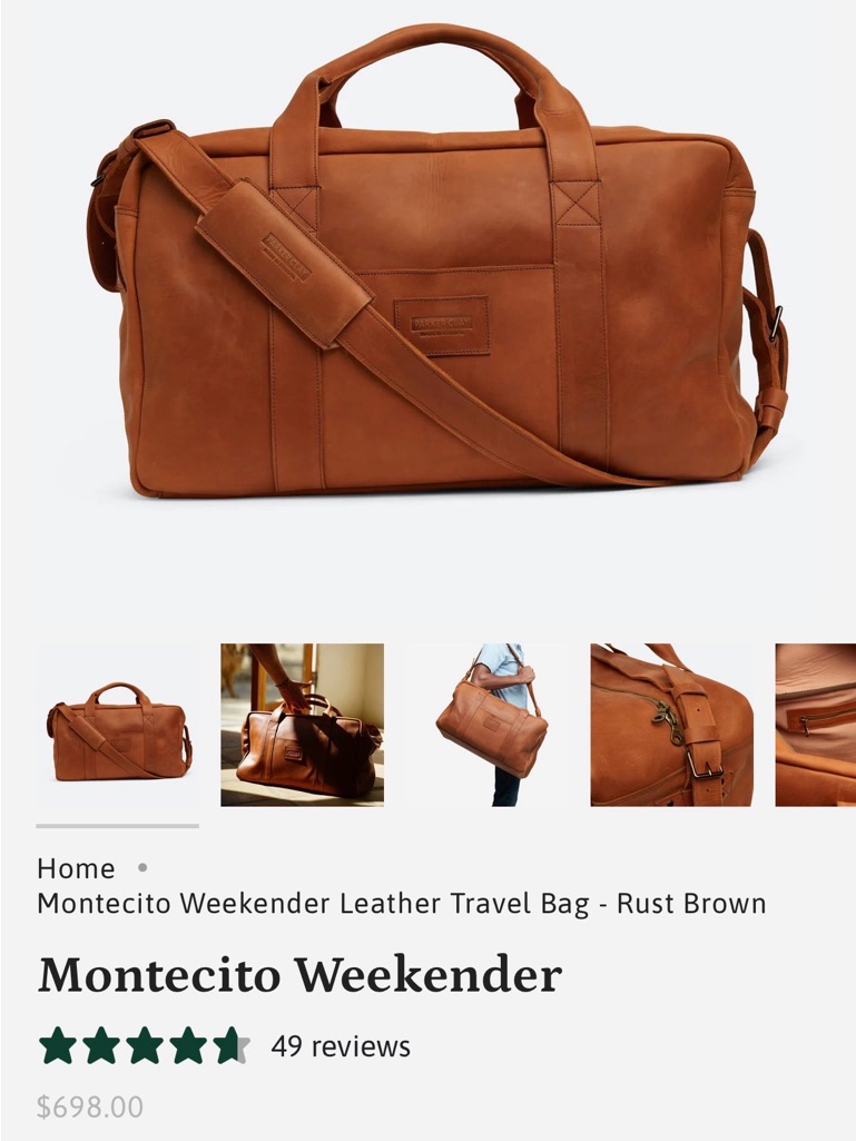 Parker Clay Montecito Weekender Leather Travel Bag - Rust Brown (Bnwt)